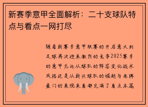 新赛季意甲全面解析：二十支球队特点与看点一网打尽